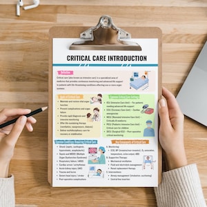 May include: A clipboard with a medical diagram titled "CRITICAL CARE INTRODUCTION" is held by a person. The diagram includes sections on critical care settings, conditions, and key components. A pencil and a laptop are also visible.