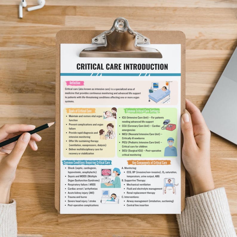 May include: A clipboard with a medical diagram titled "CRITICAL CARE INTRODUCTION" is held by a person. The diagram includes sections on critical care settings, conditions, and key components. A pencil and a laptop are also visible.