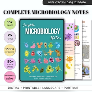 K&ouml;nnte beinhalten: Ein digitaler Download von vollst&auml;ndigen Mikrobiologie-Notizen mit 137 Seiten, 25 Themen, &uuml;ber 1300 Stickern und &uuml;ber 170 Lernkarten. Das Cover zeigt einen blaugr&uuml;nen Hintergrund mit bunten Cartoon-Mikroben. Der Titel lautet "Complete Microbiology Notes" und der Text "Unlocking the secrets of microbiology! By: The Nursing Resource" befindet sich unten.