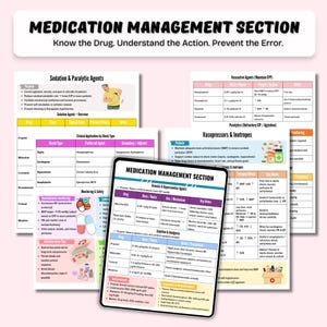 May include: A digital tablet displaying medical information titled "Medication Management Section." The tablet shows charts and diagrams about drugs, dosages, and patient care. The text includes "Sedation & Paralytic Agents" and "Vasopressors & Inotropes."