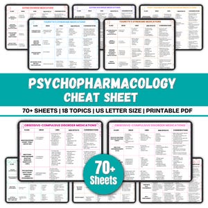 May include: A collection of printable PDF cheat sheets for psychopharmacology. The sheets cover topics like eating disorder medications, Tourette's syndrome medications, and obsessive-compulsive disorder medications. The text reads "PSYCHOPHARMACOLOGY CHEAT SHEET" and "70+ SHEETS | 18 TOPICS | US LETTER SIZE | PRINTABLE PDF".