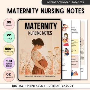 Könnte beinhalten: Eine digitale, druckbare Ressource für Hebammen-Notizen. Das Cover zeigt eine Aquarell-Illustration einer schwangeren Frau in einem Blumenkleid, die in einem Feld mit Wildblumen steht. Der Titel "Maternity Nursing Notes" ist in fetter Schrift dargestellt. Die Ressource umfasst 95 Seiten, 22 Themen, über 550 Aufkleber, 100 Lernkarten und 2 Layouts.