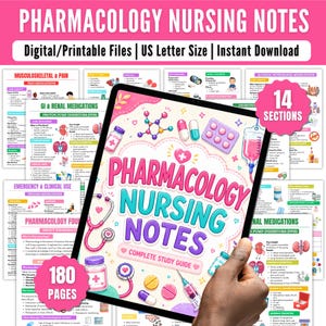 May include: A digital pharmacology nursing notes study guide with 180 pages, 14 sections, and US letter size. The cover features the text "Pharmacology Nursing Notes" with a stethoscope and medical illustrations.