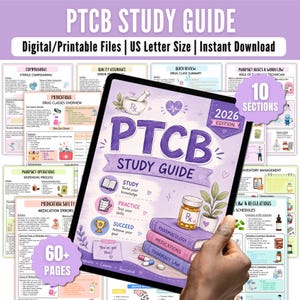 May include: A digital 2026 PTCB study guide displayed on a tablet screen, featuring purple text, illustrations of books, a mortar and pestle, and a plant. The guide includes 10 sections and 60+ pages for pharmacy technician exam preparation.