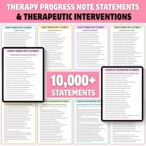 May include: A collection of digital documents with text, including "Therapy Progress Note Statements" and "Therapeutic Interventions." The documents are displayed on tablets and printed sheets, with the text "10,000+ Statements" in the center.