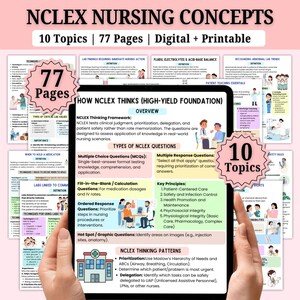 May include: A digital NCLEX nursing concepts study guide with 10 topics and 77 pages. The guide includes information on NCLEX questions, key principles, and NCLEX thinking patterns. The image shows a tablet displaying the study guide.