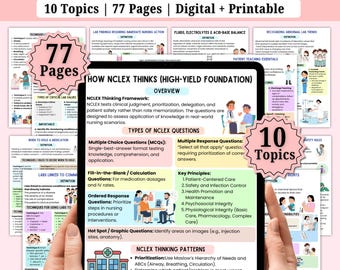 May include: A digital NCLEX nursing concepts study guide with 10 topics and 77 pages. The guide includes information on NCLEX questions, key principles, and NCLEX thinking patterns. The image shows a tablet displaying the study guide.