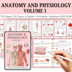 Puede incluir: Una guía de estudio digital de anatomía y fisiología, "Volumen 1", con 170 páginas y 30 temas. La portada presenta ilustraciones anatómicas del cuerpo humano. El texto incluye "Actualizado 2025-2026" y "Digital + Imprimible."