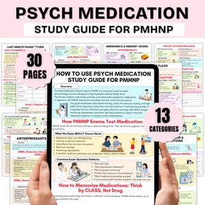 Puede incluir: Una guía de estudio para PMHNP, con el texto "PSYCH MEDICATION STUDY GUIDE FOR PMHNP". La guía incluye 30 páginas y 13 categorías, con información sobre antidepresivos, medicamentos para el TDAH y preguntas de examen.