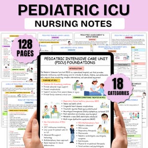 May include: A digital study guide for paediatric ICU nursing, titled "Pediatric ICU Nursing Notes." The guide contains 128 pages and covers 18 categories. The guide is held by a person's hands and includes information on PICU foundations and common conditions.