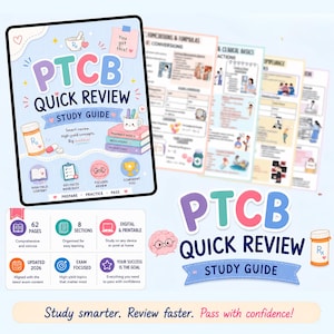 May include: A colorful study guide titled "PTCB Quick Review" with the text "Study Guide" in blue. The guide features illustrations of pills, a mortar and pestle, and a stack of books. Additional pages with diagrams are visible.