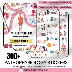 May include: Digital Good Notes stickers for nursing students. The image shows a collection of digital stickers with illustrations of human anatomy and physiology. The stickers are designed to aid in learning and are labeled "Pathophysiology Good Notes Stickers" with over 300 stickers.