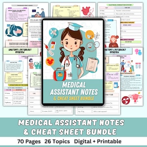 Könnte beinhalten: Ein digitales und druckbares Notizen- und Spickzettel-Paket für medizinische Fachangestellte. Das Bild zeigt eine Cartoon-Illustration eines medizinischen Fachangestellten mit Stethoskop, zusammen mit verschiedenen medizinischen Diagrammen und Tabellen. Das Paket umfasst 70 Seiten zu 26 Themen.