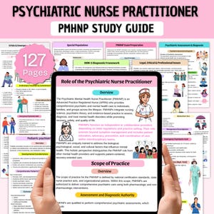 Könnte beinhalten: Ein Studienführer für psychiatrische Krankenpfleger (PMHNP) wird auf einem Tablet angezeigt. Der Leitfaden umfasst Abschnitte zu psychiatrischen Beurteilungen, rechtlichen Fragen und Kinder- und Jugendpsychiatrie. Das Cover zeigt den Titel und die Seitenzahl, 127.
