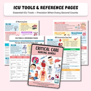 May include: A collection of ICU tools and reference pages, including a "Critical Care Nursing Bundle" with illustrations of medical procedures and human anatomy. The bundle includes charts and guides for vital signs, ICP monitoring, and ABG interpretation.