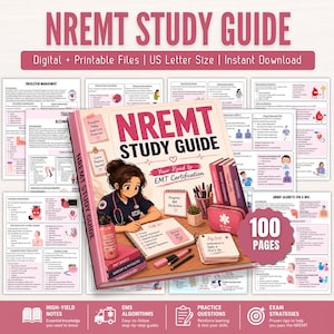 May include: A digital NREMT study guide featuring a 100-page printable set for EMT certification. The cover displays an illustration of a medical professional with a stethoscope, a pink water bottle, and study notes. Includes various medical charts.