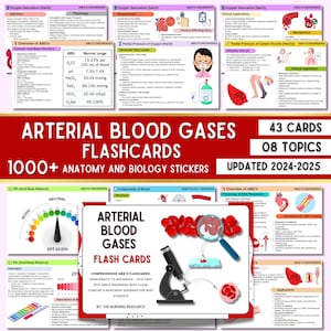 Puede incluir: Un conjunto de 43 tarjetas didácticas con 8 temas sobre gases sanguíneos arteriales. Las tarjetas están diseñadas para estudiantes de enfermería y presentan un microscopio, un corazón y glóbulos rojos. El texto en las tarjetas incluye "Arterial Blood Gases Flashcards", "1000+ Anatomy and Biology Stickers", "43 Cards", "08 Topics", "Updated 2024-2025" y "Comprehensive ABG's Flashcards".