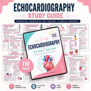 May include: An Echocardiography Study Guide featuring a central cover with a realistic heart illustration, pink and blue accents, and the text 'Echocardiography Study Guide'. The guide is surrounded by multiple pages of medical content, including 110 pages.