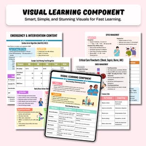 May include: A collection of medical educational materials, including flowcharts and diagrams, with the title "VISUAL LEARNING COMPONENT." The materials cover topics like emergency intervention, sepsis management, and critical care.