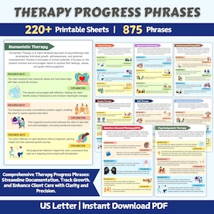 Puede incluir: Un póster digital descargable colorido con el texto "Therapy Progress Phrases" y "220+ Printable Sheets | 875 Phrases". El póster presenta una variedad de enfoques terapéuticos, incluyendo la terapia humanística, de parejas, de juego, centrada en soluciones y psicodinámica. Cada sección incluye una nota de progreso y una explicación.
