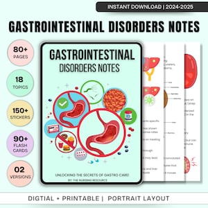 Puede incluir: Un recurso digital imprimible para aprender sobre trastornos gastrointestinales. El recurso incluye más de 80 páginas, 18 temas, más de 150 pegatinas, más de 90 tarjetas de memoria y 2 versiones. La portada presenta una ilustración colorida del sistema digestivo.