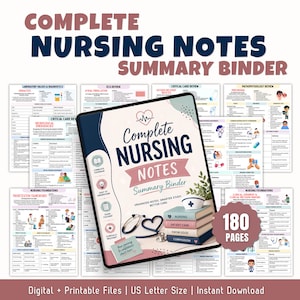 May include: A digital display showing a Complete Nursing Notes Summary Binder with 180 pages. The cover features a stethoscope, a stack of books, and medical icons. Background pages display nursing foundations, lab values, and clinical reviews.