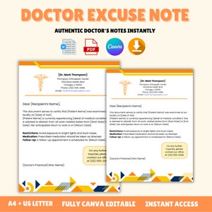 Nota de excusa del médico / Plantilla de excusa del médico / Plantilla de nota del médico / Nota del Dr. para el trabajo / Nota de excusa escolar / Excusa médica