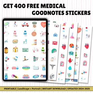 Puede incluir: Una pantalla de tableta digital que muestra 400 pegatinas m&eacute;dicas Goodnotes gratuitas. Las pegatinas son coloridas y presentan varios iconos relacionados con la medicina, como p&iacute;ldoras, corazones y s&iacute;mbolos m&eacute;dicos. El texto "GET 400 FREE MEDICAL GOODNOTES STICKERS" se muestra en la parte superior de la imagen.