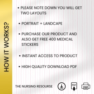 Puede incluir: Un fondo a rayas rosa y blanco con texto negro que dice "HOW IT WORKS?" y enumera lo siguiente: "PLEASE NOTE DOWN YOU WILL GET TWO LAYOUTS", "PORTRAIT + LANDSCAPE", "PURCHASE OUR PRODUCT AND ALSO GET FREE 400 MEDICAL STICKERS", "INSTANT ACCESS TO PRODUCT", "HIGH QUALITY DOWNLOAD PDF", "THE NURSING RESOURCE". Hay tres iconos debajo del texto: un icono de descarga, un icono de PDF y un icono de impresora.