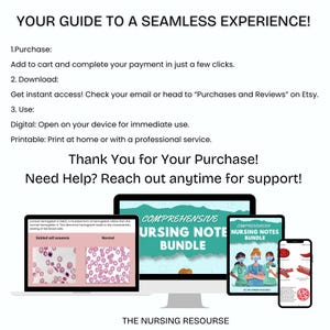 K&ouml;nnte beinhalten: Eine digitale Produktliste f&uuml;r ein umfassendes Bundle mit Notizen f&uuml;r die Krankenpflege. Das Bild zeigt einen Computerbildschirm, ein Tablet und ein Telefon, auf denen die Produktcover-Grafik angezeigt wird. Die Cover-Grafik zeigt einen blauen Hintergrund mit dem Text "Comprehensive Nursing Notes Bundle" in Wei&szlig;. Der Text "The Nursing Resource" wird am unteren Rand des Bildes angezeigt.