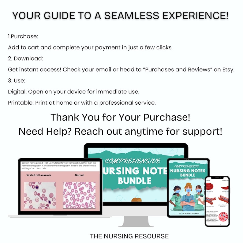K&ouml;nnte beinhalten: Eine digitale Produktliste f&uuml;r ein umfassendes Bundle mit Notizen f&uuml;r die Krankenpflege. Das Bild zeigt einen Computerbildschirm, ein Tablet und ein Telefon, auf denen die Produktcover-Grafik angezeigt wird. Die Cover-Grafik zeigt einen blauen Hintergrund mit dem Text "Comprehensive Nursing Notes Bundle" in Wei&szlig;. Der Text "The Nursing Resource" wird am unteren Rand des Bildes angezeigt.