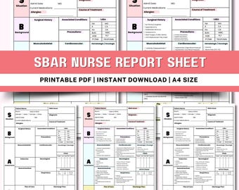 以下が含まれることがあります： A4サイズの印刷可能なSBAR看護師レポートシート。シートは、状況、背景、評価、対応の4つのセクションに分かれています。各セクションには、さまざまな項目を記入するための表があります。