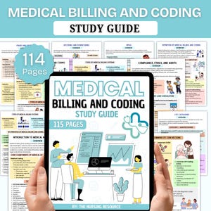 May include: A tablet displaying a medical billing and coding study guide. The cover features the title in large, bold letters, with the text "Study Guide" below. The image includes diagrams, charts, and the text "115 Pages".