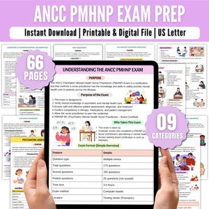 Könnte beinhalten: Ein digitaler Studienführer für die ANCC PMHNP-Prüfung mit 66 Seiten und 9 Kategorien. Der Leitfaden enthält Details zum Prüfungsformat, wie z. B. Fragetypen und Zeitlimits, und steht als Sofort-Download zur Verfügung.