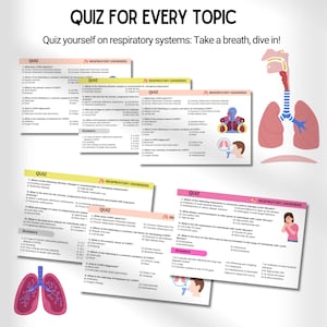 K&ouml;nnte beinhalten: Ein farbenfrohes Quizblatt mit Illustrationen von Lungen und einem menschlichen Kopf. Das Quiz dreht sich um Atemwegserkrankungen und enth&auml;lt Fragen zu COPD, Mukoviszidose und anderen Atemwegserkrankungen. Das Quiz tr&auml;gt den Titel "Quiz f&uuml;r jedes Thema" und enth&auml;lt den Text "Teste dein Wissen &uuml;ber Atemwegssysteme: Atme tief durch, tauche ein!"