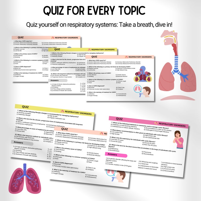 K&ouml;nnte beinhalten: Ein farbenfrohes Quizblatt mit Illustrationen von Lungen und einem menschlichen Kopf. Das Quiz dreht sich um Atemwegserkrankungen und enth&auml;lt Fragen zu COPD, Mukoviszidose und anderen Atemwegserkrankungen. Das Quiz tr&auml;gt den Titel "Quiz f&uuml;r jedes Thema" und enth&auml;lt den Text "Teste dein Wissen &uuml;ber Atemwegssysteme: Atme tief durch, tauche ein!"