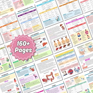 May include: A collection of medical study guides with colorful illustrations and text. The guides cover topics such as medication management, liver cirrhosis, and seizures. A pink starburst graphic reads "160+ Pages".