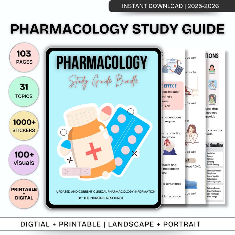K&ouml;nnte beinhalten: Ein digitales Studienleitfaden-Paket f&uuml;r Pharmakologie mit 103 Seiten, 31 Themen, &uuml;ber 1000 Stickern und &uuml;ber 100 visuellen Elementen. Das Cover zeigt eine Cartoon-Illustration einer Pillenflasche und einer Blisterpackung mit Pillen. Der Text "Pharmacology Study Guide Bundle" ist in rosa und wei&szlig; geschrieben.