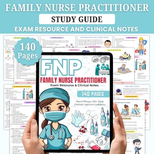 May include: A study guide for Family Nurse Practitioner (FNP) exam. The cover features the acronym "FNP" in teal, with the words "Family Nurse Practitioner" and "Exam Resource & Clinical Notes." The guide has 140 pages and includes medical illustrations.
