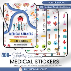 May include: Digital medical-themed stickers for Goodnotes are displayed. The image shows multiple sticker sheets with illustrations of medical tools, symbols, and characters. The text reads "Medical Stickers" and "400+ Stickers" with the Goodnotes logo.