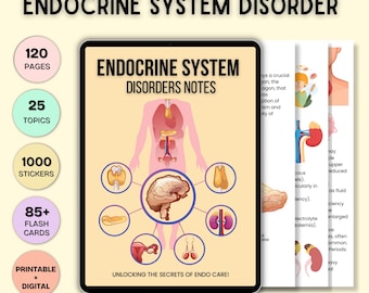 May include: A digital printable resource for learning about the endocrine system. The resource includes 120 pages, 25 topics, 1000 stickers, 85+ flash cards, and printable digital materials. The image shows a human body with the endocrine glands highlighted, along with the text "Endocrine System Disorders Notes" and "Unlocking the Secrets of Endo Care!"