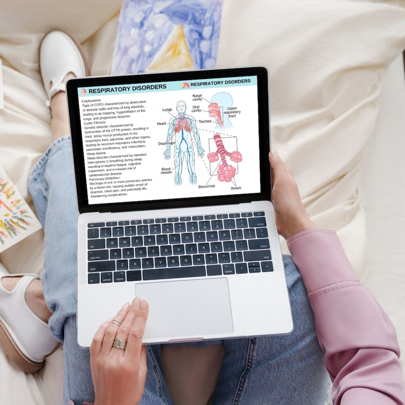 K&ouml;nnte beinhalten: Ein Laptop-Computer, der auf einer Webseite &uuml;ber Atemwegserkrankungen ge&ouml;ffnet ist. Die Webseite zeigt ein Diagramm des menschlichen Atmungssystems mit Beschriftungen f&uuml;r die Nasenh&ouml;hle, die Mundh&ouml;hle, die Luftr&ouml;hre, die Lunge, das Herz, das Zwerchfell, die Blutgef&auml;&szlig;e, die Bronchien und die Lungenbl&auml;schen. Der Laptop liegt auf dem Scho&szlig; einer Person.