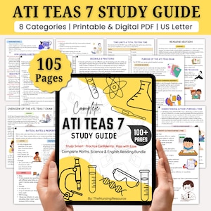 Può includere: Una guida allo studio digitale per l'esame ATI TEAS 7. La guida include più di 100 pagine e copre 8 categorie. La copertina presenta il testo "Complete ATI TEAS 7 Study Guide" con illustrazioni scientifiche. Disponibile in PDF.