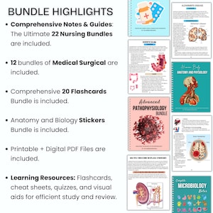 K&ouml;nnte beinhalten: Eine Collage aus bunten Bildern, die ein Bundle aus 22 Pflege-Studienleitf&auml;den, 12 medizinisch-chirurgischen Leitf&auml;den, 20 Karteikarten, Anatomie- und Biologie-Stickern, druckbaren und digitalen PDF-Dateien sowie Lernressourcen zeigt. Der Text "BUNDLE HIGHLIGHTS" befindet sich oben im Bild.