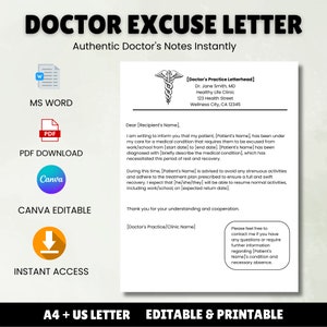 Carta de excusa del médico / Plantilla de nota del médico / Nota del médico para el trabajo / Nota de excusa / PDF / Microsoft Word / Canva editable