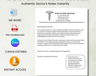 Doctor Excuse Letter | Doctor Note Template | Doctors Note For Work | Excuse Note | PDF | Microsoft Word | Canva Editable
