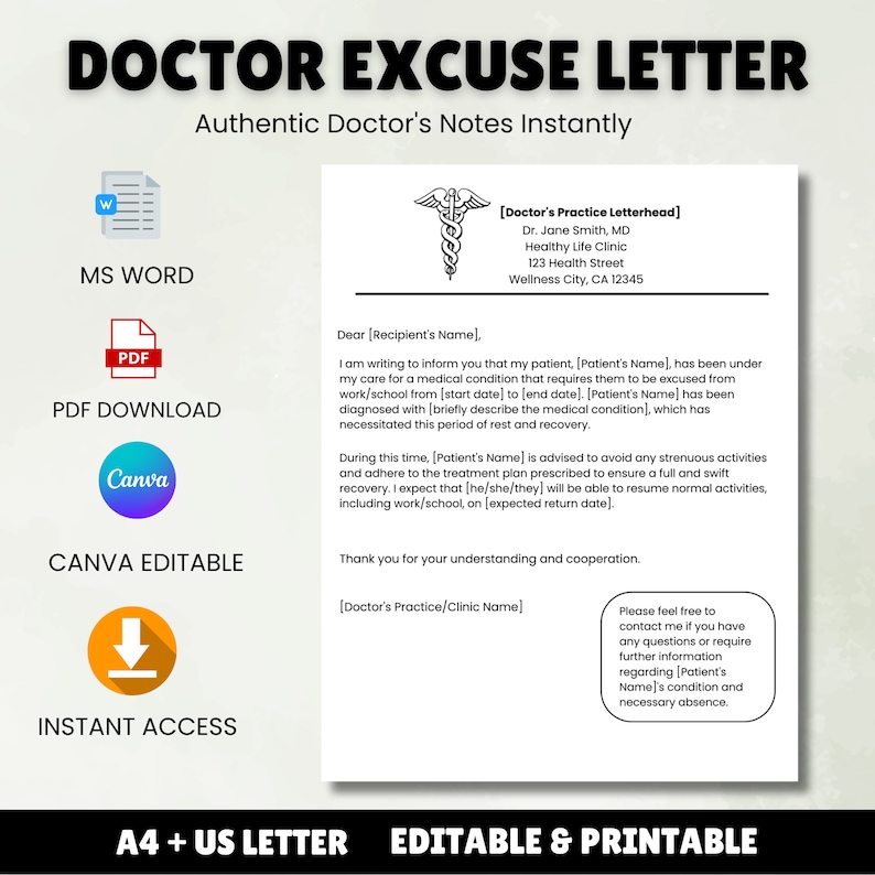 Doctor Excuse Letter | Doctor Note Template | Doctors Note for Work ...