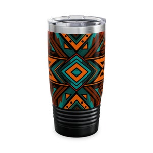 May include: A stainless steel travel tumbler with a black base and lid. The tumbler features a vibrant geometric pattern in orange, teal, and brown. The design includes diamond and arrow shapes, creating a bold, eye-catching aesthetic.