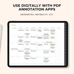 May include: A digital calendar on a black tablet, with the text "USE DIGITALLY WITH PDF ANNOTATION APPS" at the top. The calendar shows April 2020, with notes and appointments. A white stylus is positioned beside the tablet. The calendar is designed for use with PDF annotation apps.