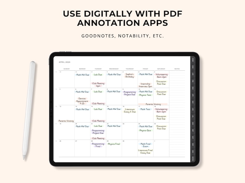May include: A digital calendar on a black tablet, with the text "USE DIGITALLY WITH PDF ANNOTATION APPS" at the top. The calendar shows April 2020, with notes and appointments. A white stylus is positioned beside the tablet. The calendar is designed for use with PDF annotation apps.